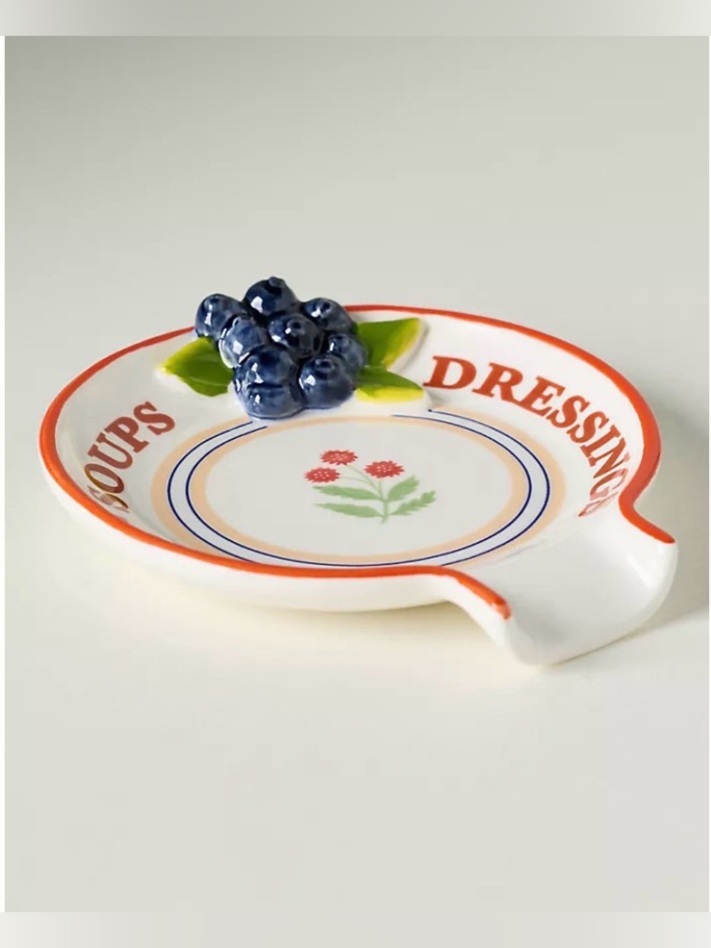 Anthropologie White Ceramic Spoon Rest with Blue Berry Accent and Red Trim
